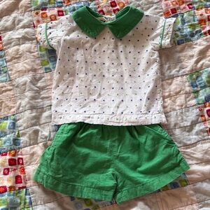 Green Collared Two-Piece Set with Polka Dot Top